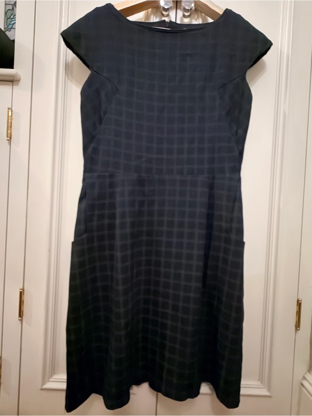 Classic Black Grid Midi Dress with Cap Sleeves
